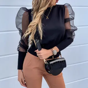 Women black mesh puff sleeve long sleeve knit top elegant fashion casual apparel outfit main view