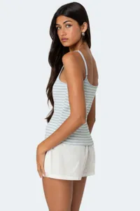 Detailed side view of women casual blue white striped camisole slim fit tank top.