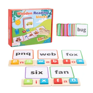 Wooden reading blocks CVC phonics educational toy set for kids early learning word games.