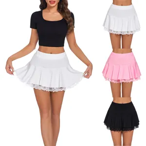 Women's high waist pleated mini skirt with delicate lace trim, sexy slim fit casual skater skirt detail