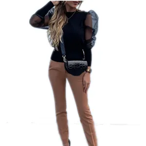 Women's Mesh Puff Sleeve Spliced Black Top Elegant Long Sleeve Autumn Fashion Blouse