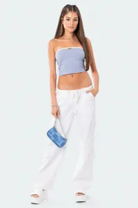 Zomer sexy rugloos colorblock strapless crop top detail, stijlvolle Europese mode.