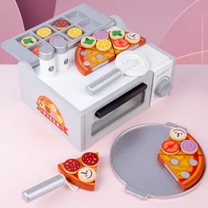 Wooden pretend play pizza oven toy set with colorful toppings and kitchen accessories for kids.