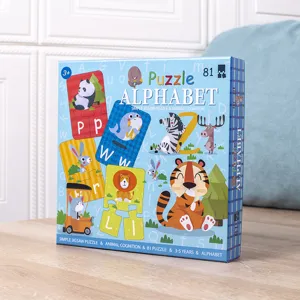 Educational wooden alphabet puzzle box with cute cartoon animals for kids cognitive learning main view