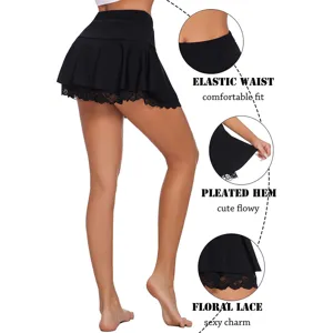 Black pleated mini skirt with lace hem high waist sexy slim fit women apparel short skirt
