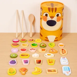 Kids feeding toy set with wooden food pieces, chopsticks, spoon and tiger storage box.