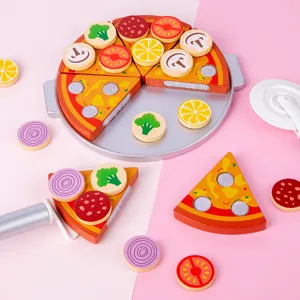 Wooden pizza cutting toy set for kids, pretend play kitchen food educational toy.