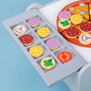 Wooden pizza cutting toy kitchen set for kids, early educational interactive play food.