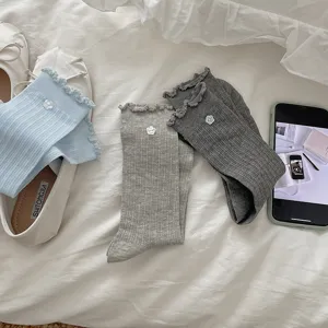 Korean style ruffle cuff mid-tube socks with cute flower buttons, cozy everyday knit socks