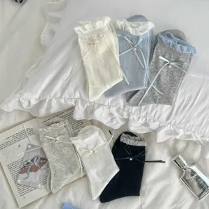 Ballet style mesh ribbon bow socks, breathable cotton socks for women, sweet and elegant.