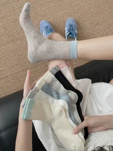 Women thin summer mid-tube breathable mesh cotton socks casual solid color cute socks
