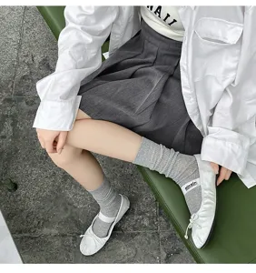 Sheer grey mid-tube socks detail view, ultra-thin combed cotton striped slouch socks for women.