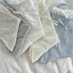 Women cute ballet style mesh cotton socks with ribbon bow and pearl pendant for daily wear.