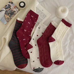 Damen Herbst Winter Strick Wadenstrümpfe Set, süße Schleife Pünktchen Karo gemütliche Socken.