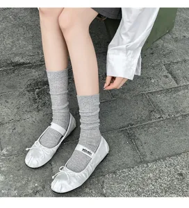 Grey ribbed slouch socks women thin cotton mid-tube ballet style socks for spring summer