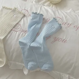 Korean style ruffle crew socks with cute flower buttons, cozy knitted ribbed fabric for daily wear