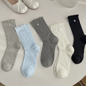 Korean style ribbed ruffle crew socks with cute flower button detail, soft knit cotton sock set.
