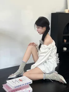 Ballet style thin ribbon mesh socks and silver flats for women, breathable and stylish daily wear.
