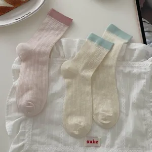 Ins style women mid-tube socks, breathable cotton ribbed knit casual socks for spring and summer.
