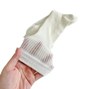 White ribbed sheer mid-tube socks for women, breathable summer cotton hosiery for daily wear.
