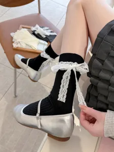 Lace ribbon bow mid-calf socks sweet lolita jk style hosiery for women and teen girls.