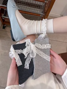 Ballet style lace ribbon bow socks women jk girl Mary Jane Lolita cute ruffle slouchy socks