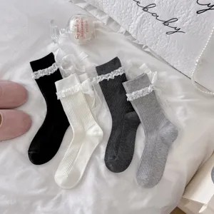 Ballet style lace ribbon bow socks for women JK cute Lolita frilly stackable hosiery