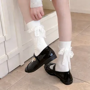 Women Lolita Lace Ribbon Bow Cotton Mid Calf Socks Sweet JK Uniform Ballet Style Ruffled Stacked Socks
