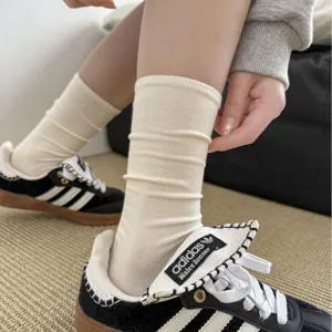 Women long stacked cotton socks solid color casual crew socks comfortable daily wear basic style