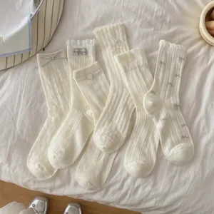 Women's Sweet Casual Cotton Mid-Tube Socks Spring Summer Thin Hollow-Out Floral Bow Lace Socks Fashion Hosiery