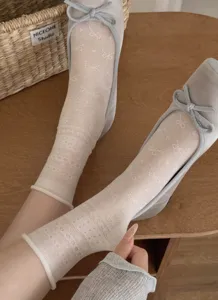 Detailed shot of breathable mesh women socks with bow design, perfect for summer daily wear.