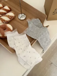 Korean style lace-edge mid-tube socks for women, cute polka dot and solid thin summer socks.