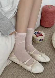 Detailed view of summer women mesh sheer breathable pink short socks with ballet flats.