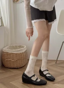 Cream lace hollow mid-tube socks detail, cute diamond floral summer hosiery close-up