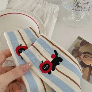 Cute Japanese style women mid-calf socks with blue stripes cute cat apple pattern detail