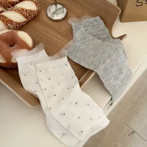 Women's cute dotted mid-tube socks and grey lace-trim thin hosiery for spring summer daily wear.