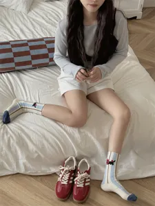 Korean cartoon apple cat women striped mid tube socks sweet cute style spring autumn daily wear.