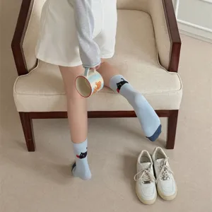 Cute cartoon black cat blue mid-tube socks for women, Japanese sweet style kawaii fashion