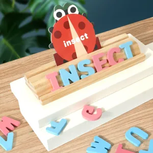 Wooden English alphabet spelling toy set with card holder for early childhood education.