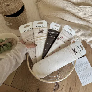 Oatmeal cheese series autumn slouchy socks, Korean style milky white bow lace design for girls.