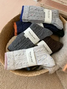Detailed shot of thick wool blend winter slouch socks in cozy Maillard tones for women.