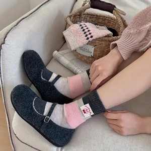 Women winter warm wool mid-tube socks cute pink grey colorblock fleece cozy home floor socks