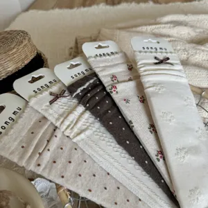Songmu sweet knit stackable socks detail view, cozy autumn style with cute bows and floral.