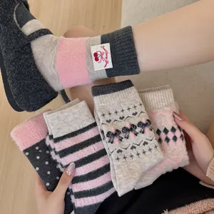 Women's Autumn Winter Warm Fleece Lined Wool Mid Calf Socks Cute Bowknot Cherry Label Vintage Cozy Thermal Socks