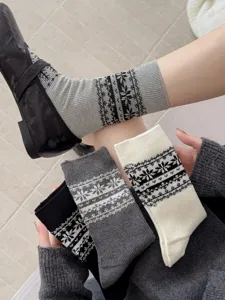 Korean vintage Fair Isle knit mid-tube socks detail, cozy winter grey patterned footwear.