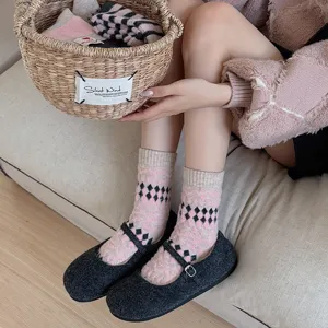 Cozy winter mid-tube fleece socks with classic argyle pattern, soft daily home wear detail.