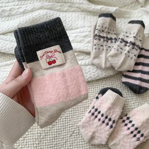 Women's winter plush fuzzy warm mid-tube socks, thick wool blend with cute cherry label detail.