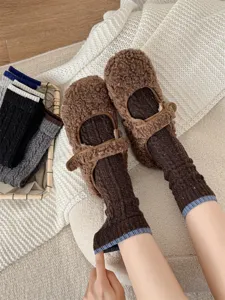Cozy winter thick warm wool socks for women, retro Maillard style knitted slouch socks detail.