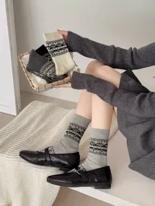 Korean vintage Fair Isle women socks autumn winter grey mid-tube thermal knit cute socks