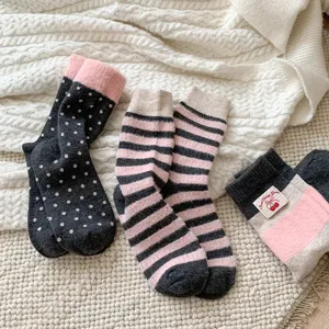 Women cozy winter fleece mid-tube socks, cute polka dot and stripe warm thermal home socks.